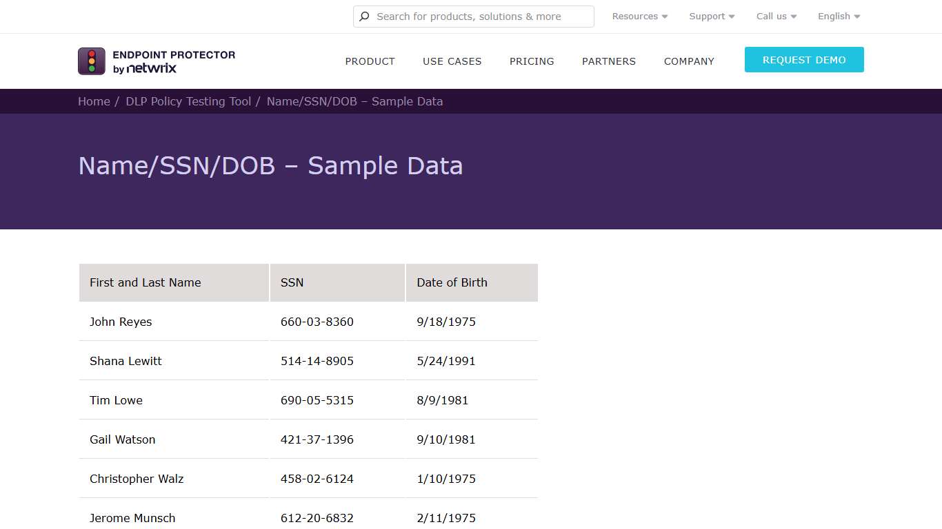 Name/SSN/DOB – Sample Data – DLP Policy Testing Tool – Endpoint Protector